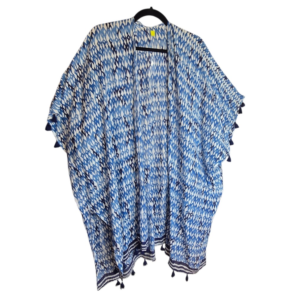 Kimono‎ Cover Up Blue White Diamond Print with Tassels Beach Pool One Size Flaw